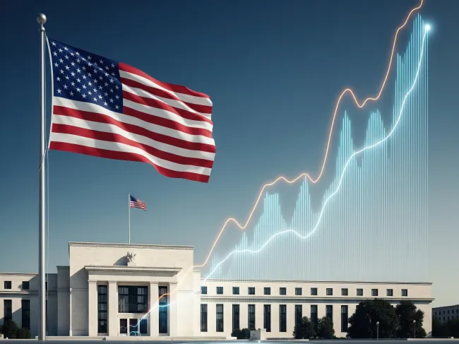 Federal Reserve building with inflation trend line